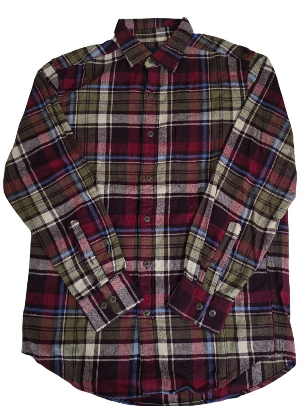 Plaid Flannel Button-Up Shirt Long Sleeve Medium Burgundy & Green